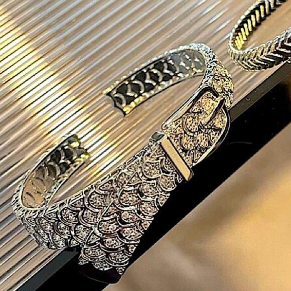 Sterling Silver Buckle Bangle Bracelet, Zircon Cuff Belt Buckle, Minimalist - Picture 8 of 10